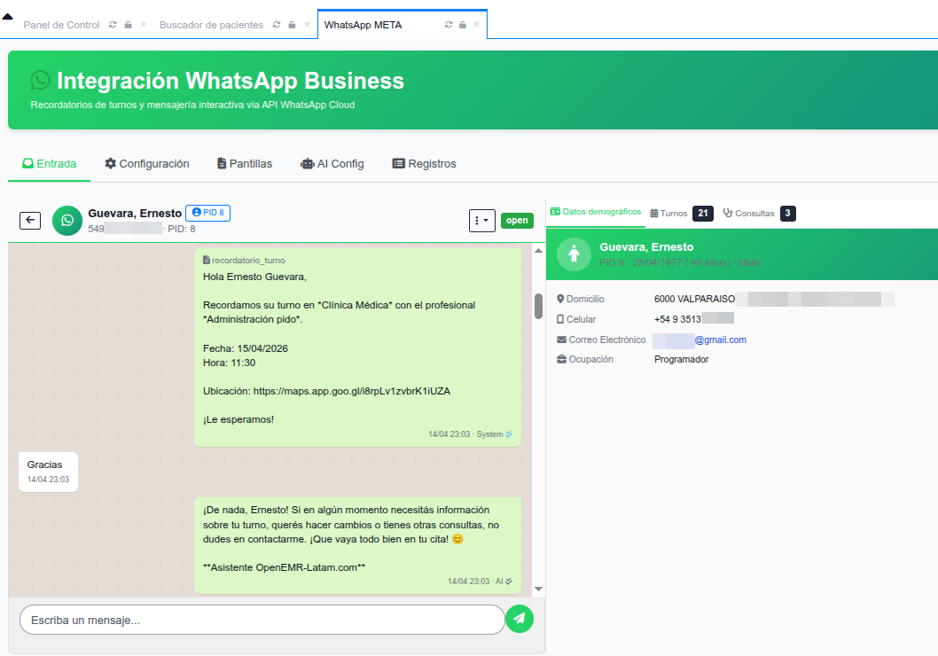 Image del chat, que muestra los datos del paciente en el lateral